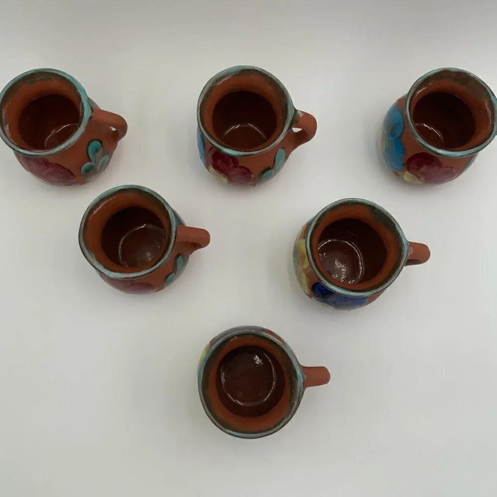 Set of 6 Mexican Clay Pottery Coffee Cup Chocolate Mug Hand Painted Flowers EUC - Picture 13 of 16